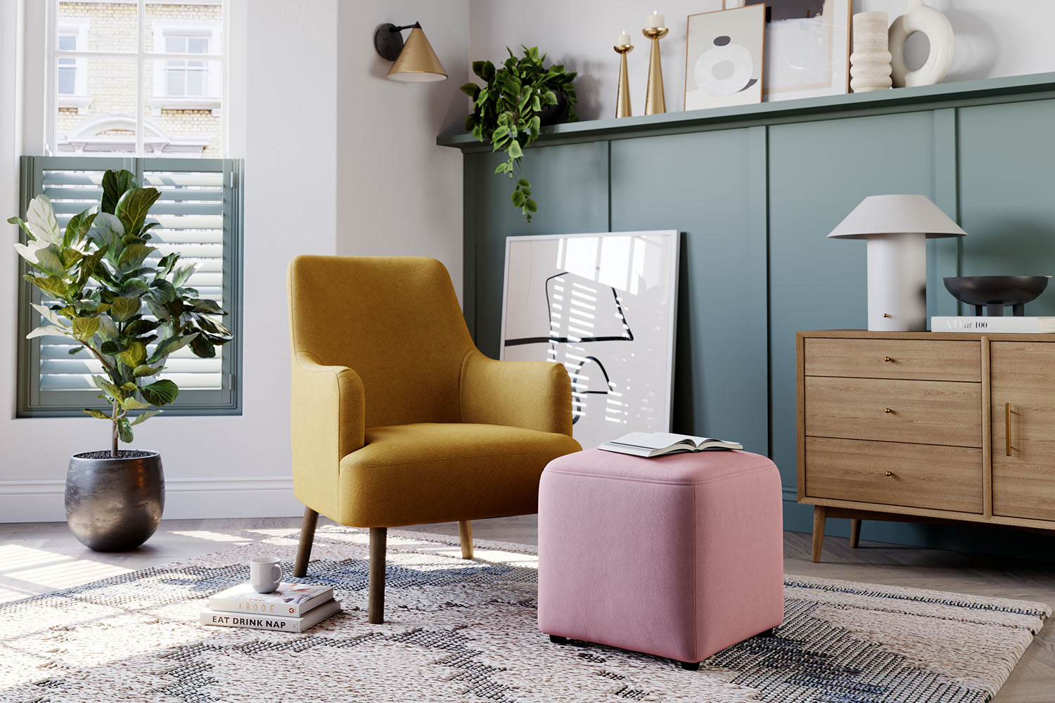 Accent Chair in Saffron and Accent Stool in Blush