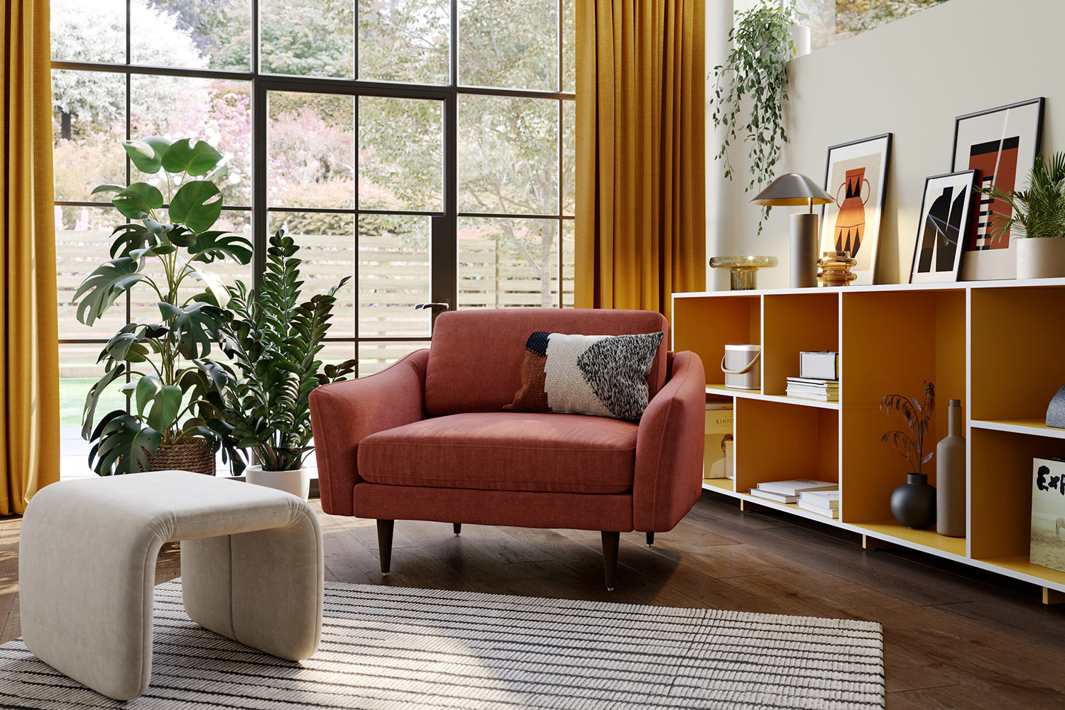 The Rebel Snuggler Sofa in Spice with brown legs lifestyle