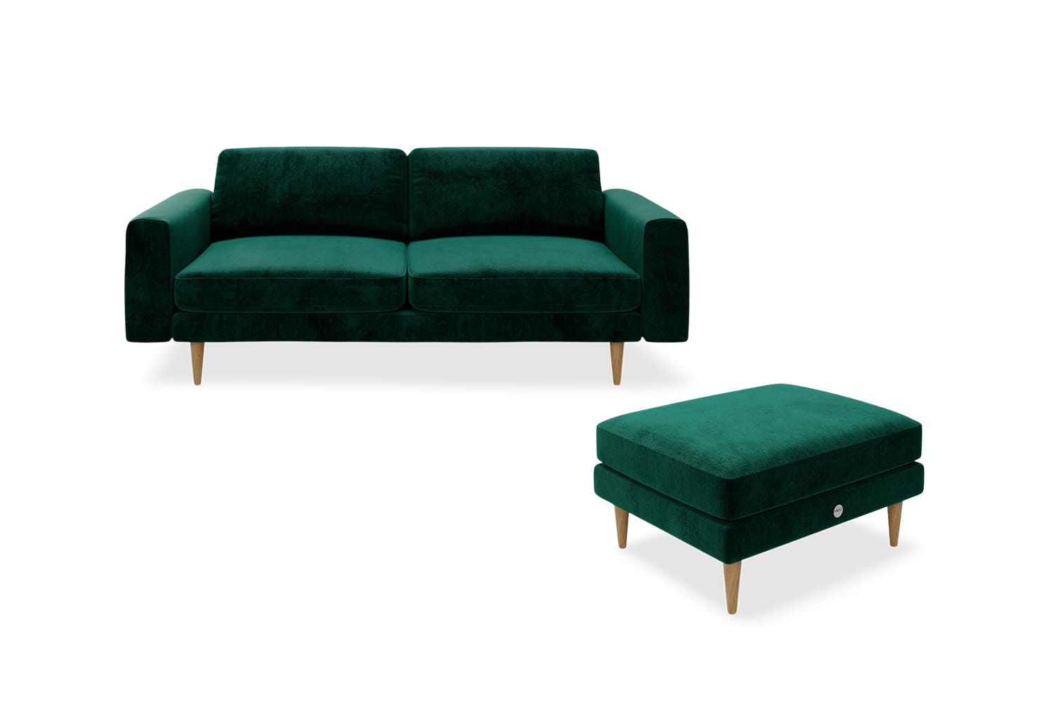 Snug sofa in a box the big chill 3 seater sofa and footstool in forest green with brown wooden legs set